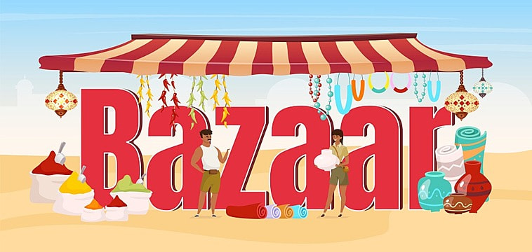 Bazaar word concepts flat color vector banner. Souvenir, spices, pottery trade tent. Egypt marketplace. Asian fair. Creative cartoon typography with sellers tiny characters. Souk illustration